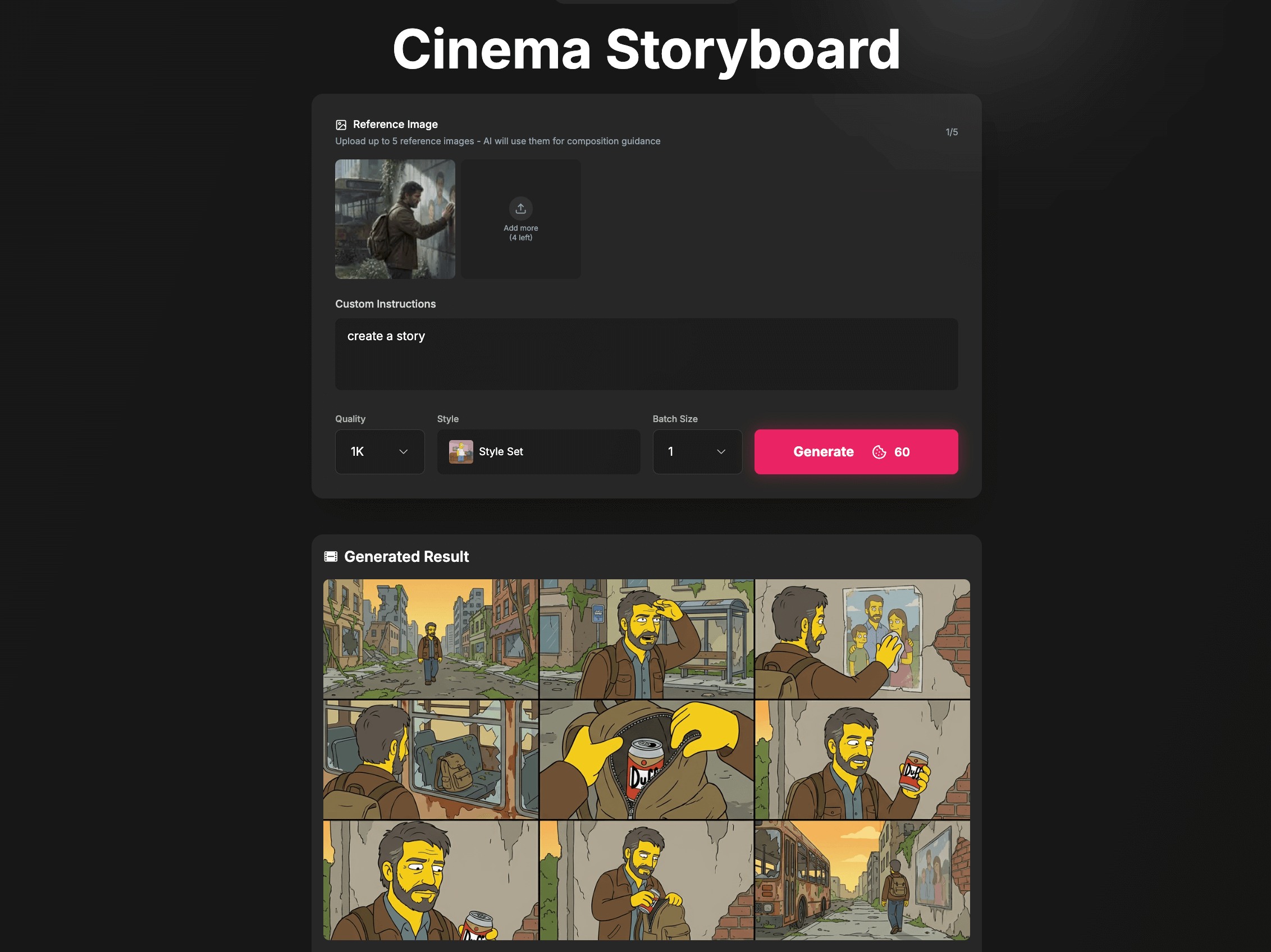 Cinema storyboard interface showing reference image upload